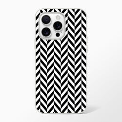 Black and white herringbone geometric iPhone case with matte finish, designed for shock absorption on iPhone 13-16 models.