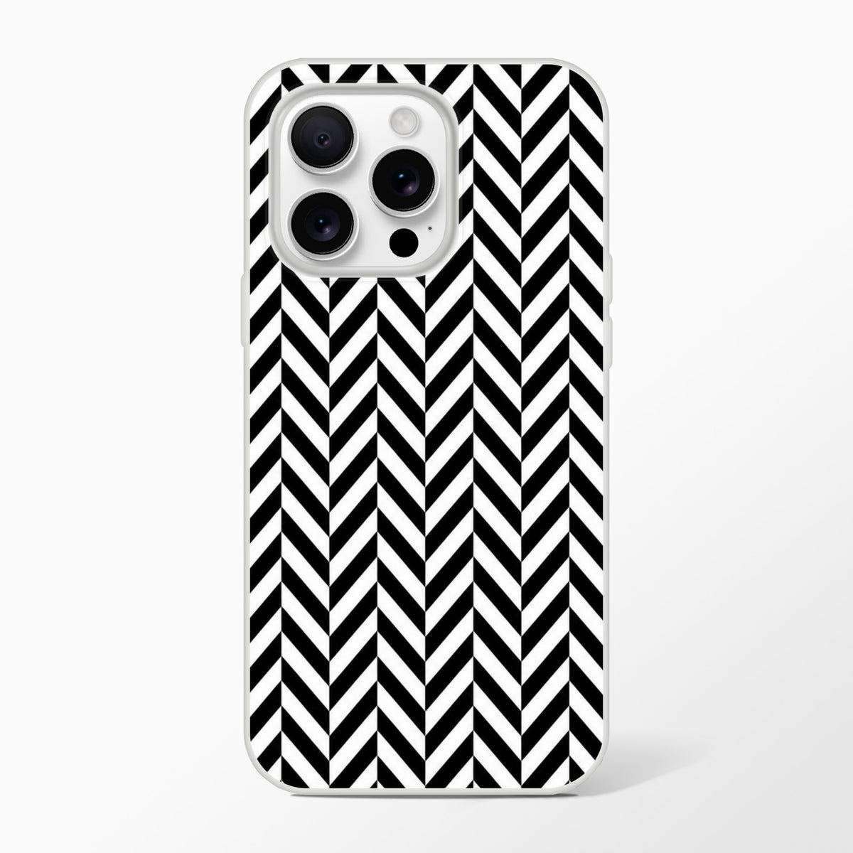 Black and white herringbone geometric iPhone case with matte finish, designed for shock absorption on iPhone 13-16 models.