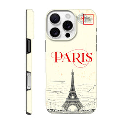 Vintage-style Paris iPhone case featuring an Eiffel Tower sketch, red typography, and a travel stamp design for rugged protection.