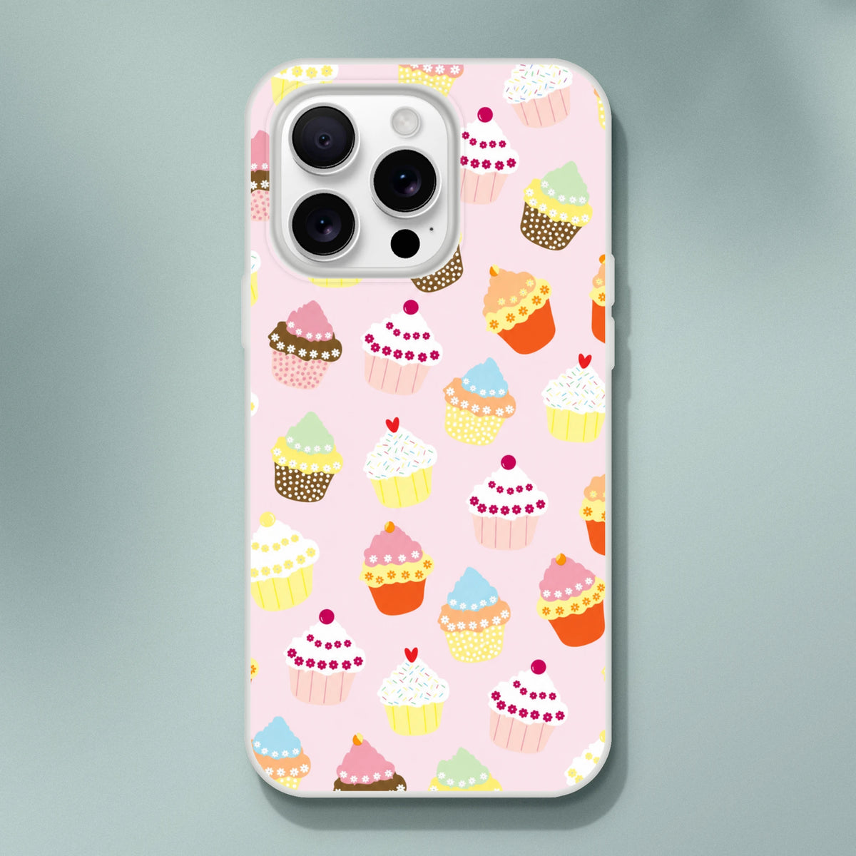 Pastel cupcake-pattern iPhone case for 13-16, slim matte finish with cute kawaii frosting cupcakes design.