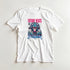 White cotton-blend T-shirt with a colorful monkey DJ graphic and bold pink-blue accents.