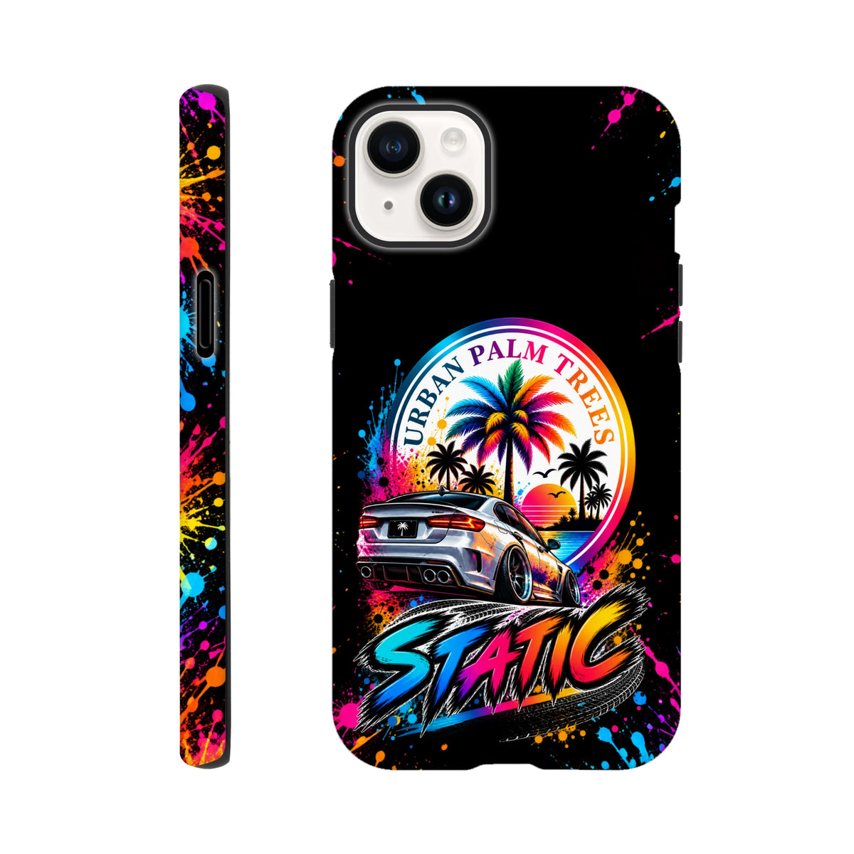 Vibrant iPhone case featuring a slammed silver car, colorful Urban Palm Trees sunset graphic, and dynamic paint splatters.