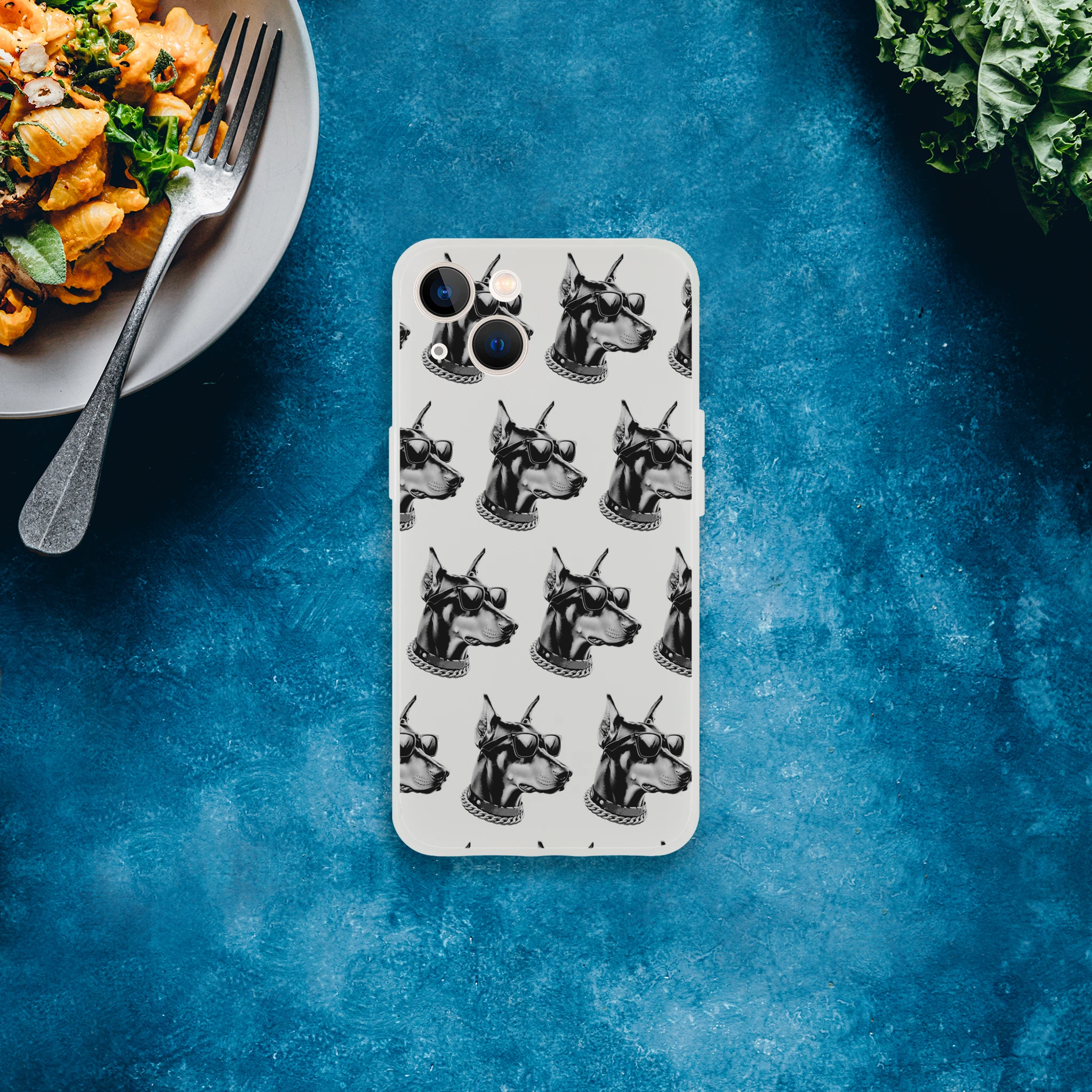 Transparent iPhone case with a repeating gangster dog pattern wearing sunglasses and chains for iPhone 13-16.