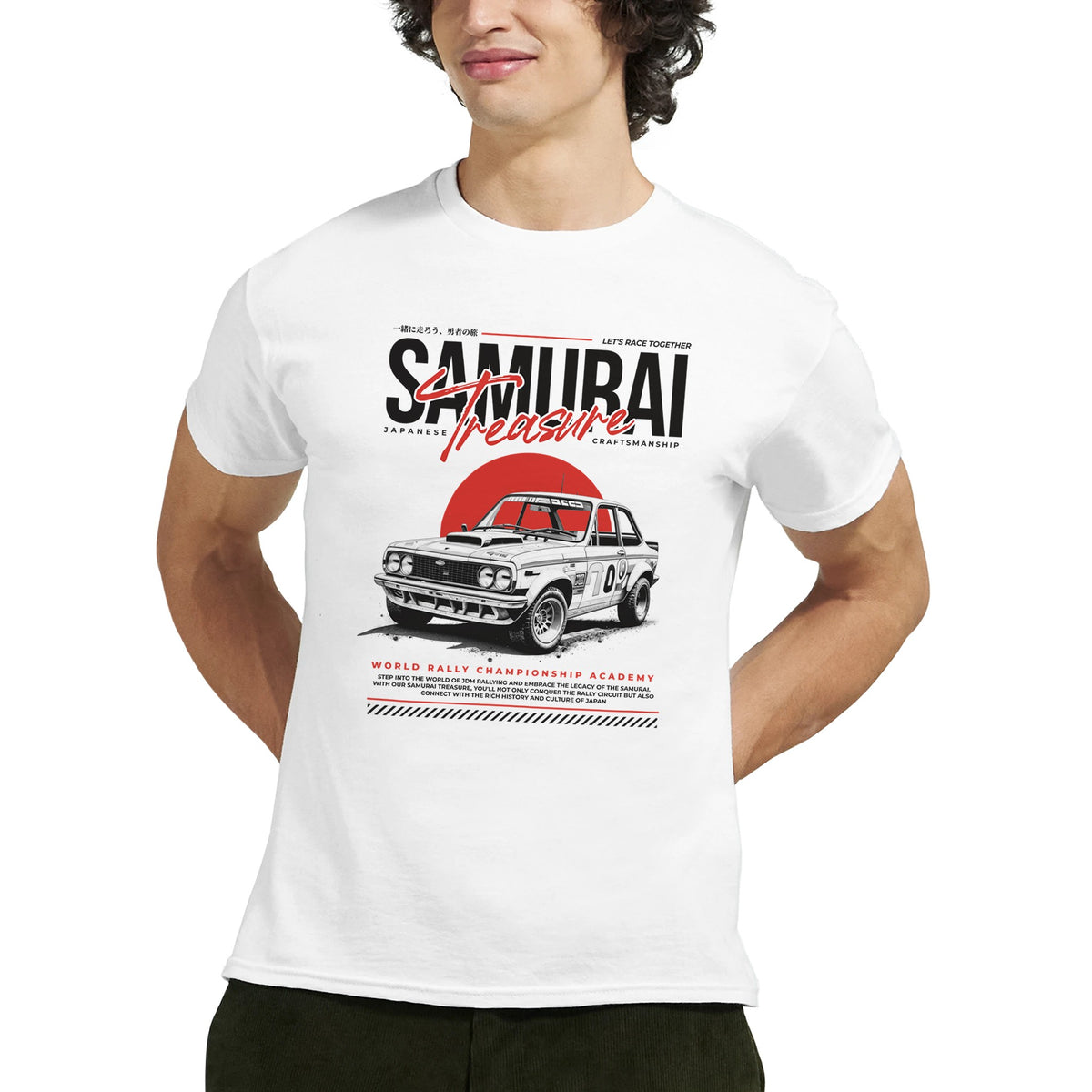 White men's graphic T-shirt with a Japanese JDM car illustration; cotton blend, sizes S–XL.