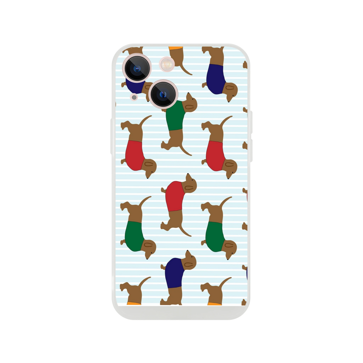 Cute sausage dog iPhone case for 13-16 with dachshund pattern on striped blue background