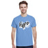 Man wearing blue soft cotton-blend Hype graphic T-shirt with white brush-stroke logo.
