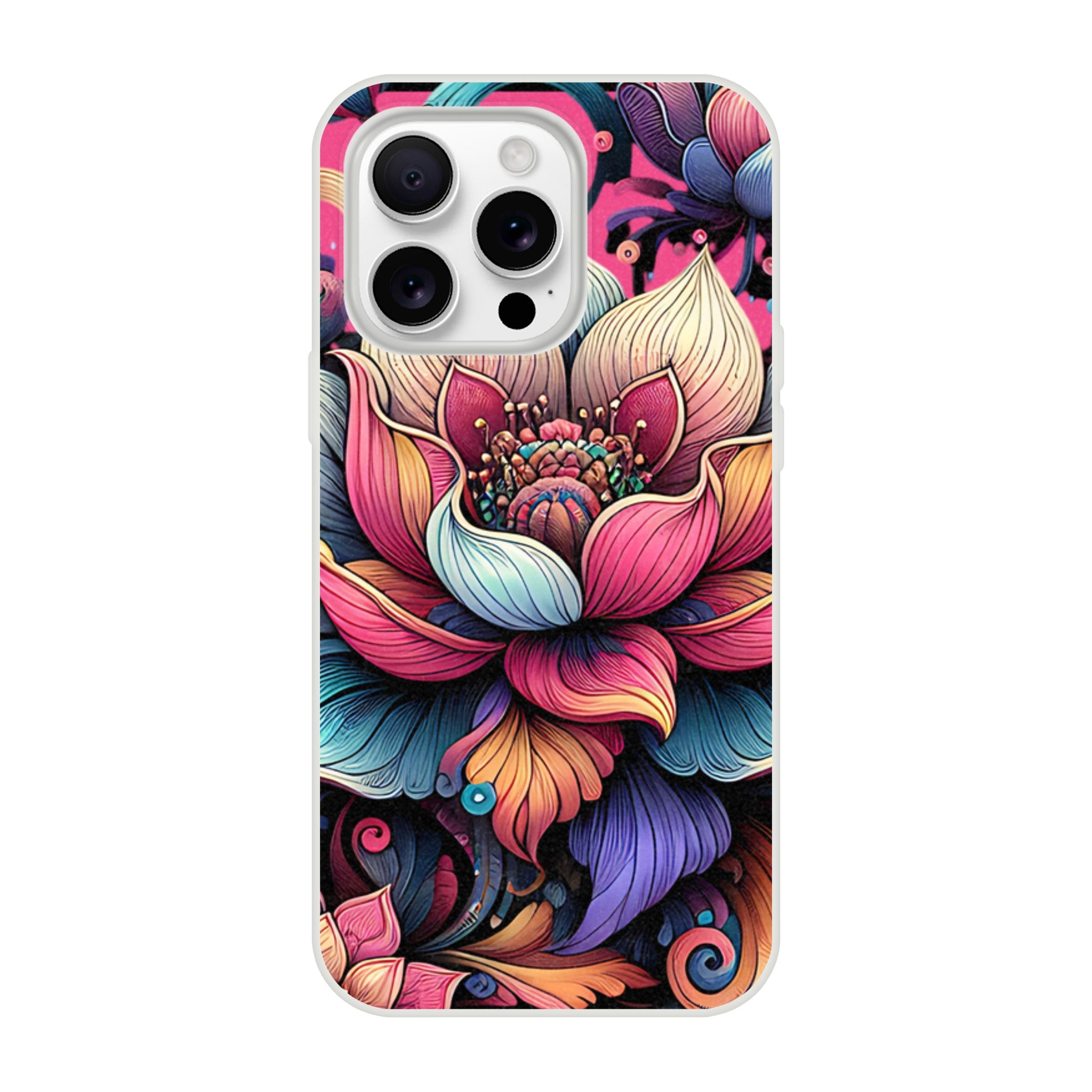 Vibrant mandala floral iPhone case with slim protective cover for iPhone 16, 15, 14, and 13.