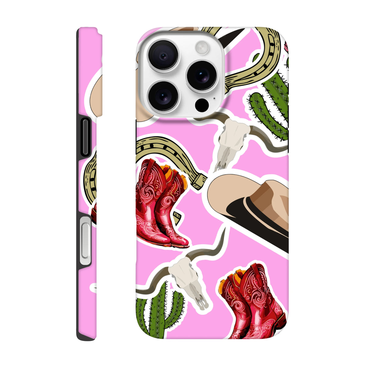 Pink Western iPhone case featuring cowboy boots, cacti, horseshoes, and longhorn skulls on a shock-absorbing back panel.