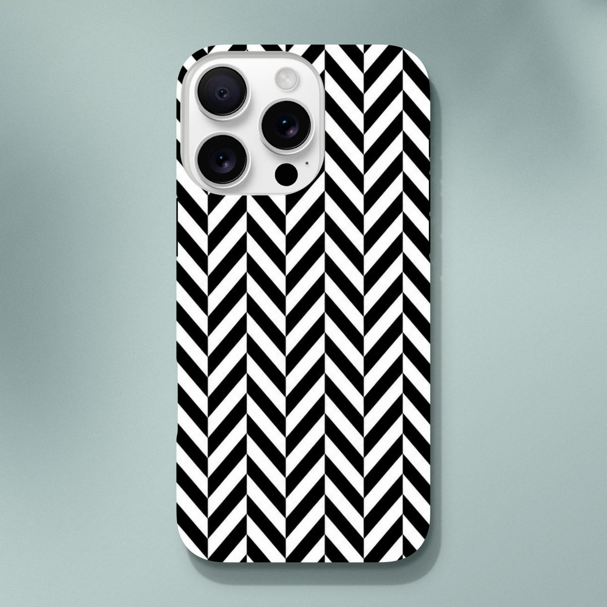 Black and white geometric herringbone iPhone case with tough dual-layer shell and shock-absorbing TPU for daily protection.