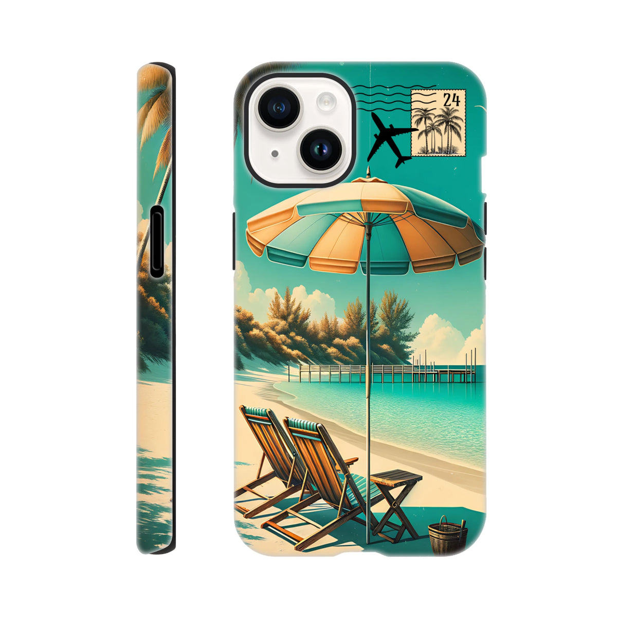 Vintage beach holiday tough iPhone case featuring retro coastal art with deckchairs, umbrella, and postmark stamp.