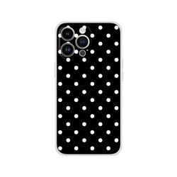 Retro black and white polka dot iPhone case for models 13-16. Slim matte TPU shell offers impact protection and wireless charging compatibility.
