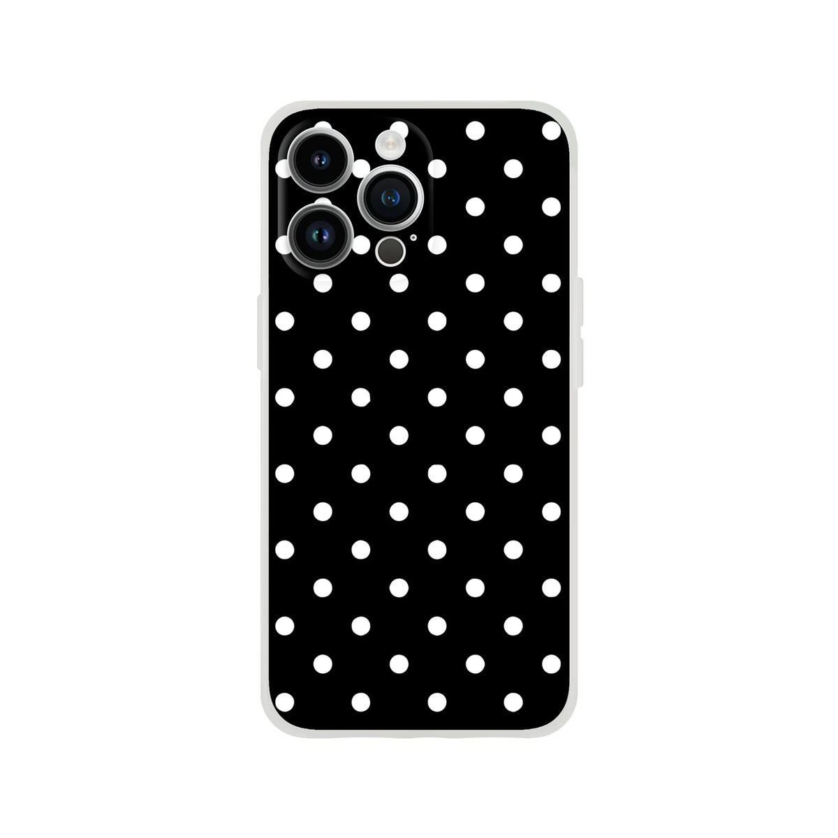 Retro black and white polka dot iPhone case for models 13-16. Slim matte TPU shell offers impact protection and wireless charging compatibility.