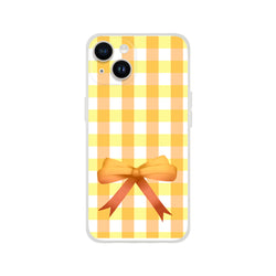 Yellow gingham bow iPhone case for iPhone 13-15 with cute coquette aesthetic and orange ribbon bow