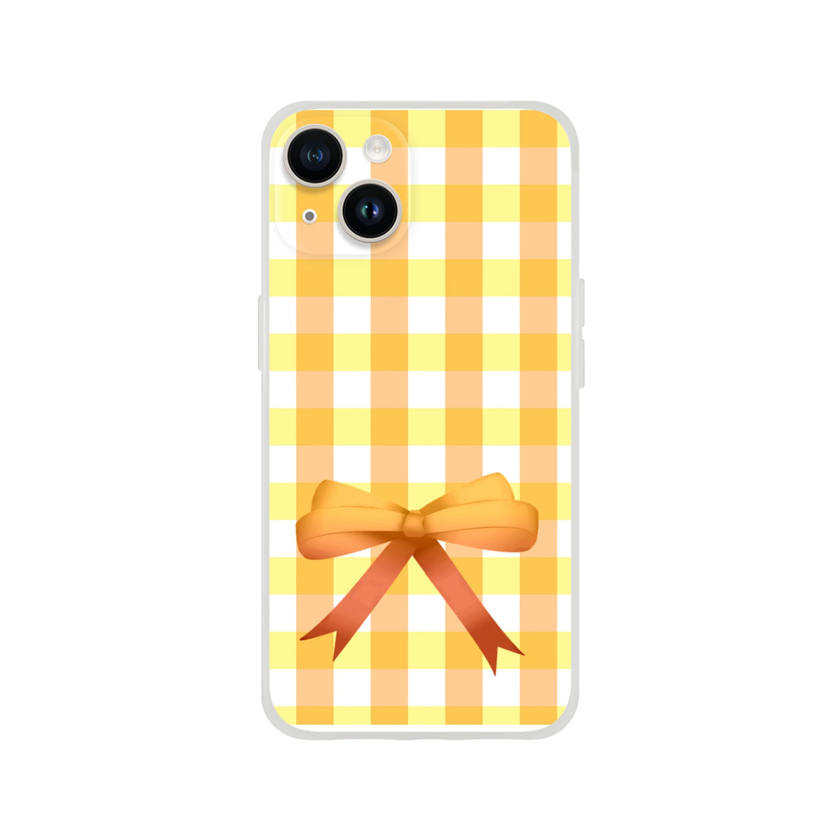 Yellow gingham bow iPhone case for iPhone 13-15 with cute coquette aesthetic and orange ribbon bow