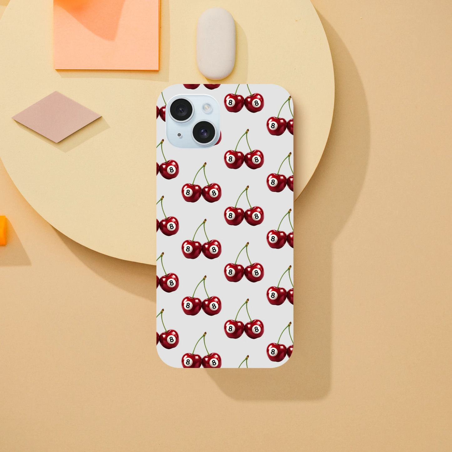 Lucky Cherries tough protective phone case for iPhone 16, 15, 14, 13 with dual-layer wraparound print and glossy finish.