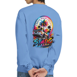 Back of light blue sweatshirt featuring vibrant static petrolhead graphic with lowered car, palm trees, and Urban Palm Trees text.