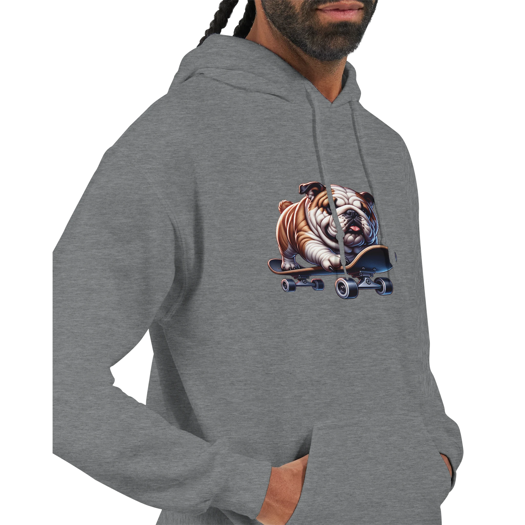 Men's gray cotton-blend hoodie featuring a bulldog on a skateboard graphic.