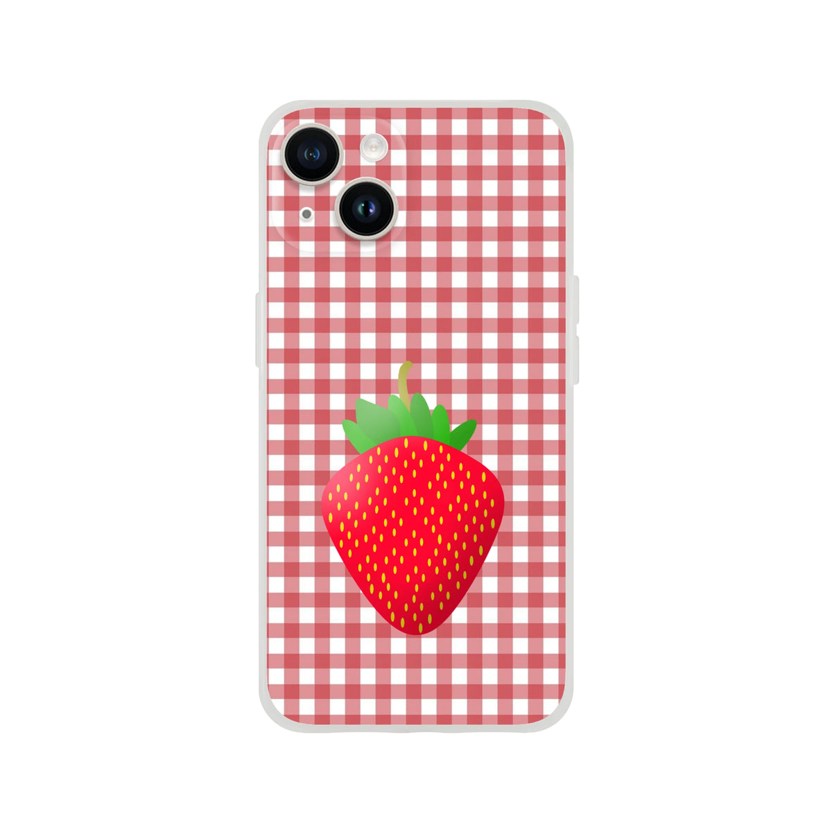 Cute strawberry-gingham iPhone case for iPhone 13-16, pink aesthetic with red gingham and strawberry motif