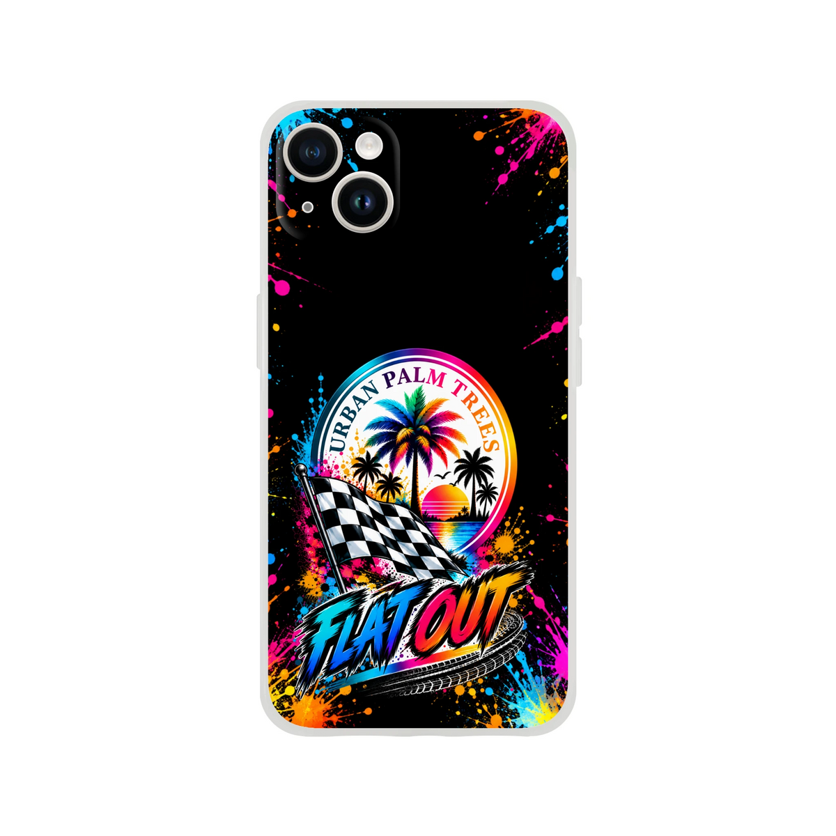 Vibrant Flat Out car culture iPhone case featuring a checkered flag, neon sunset palm trees, and colorful splatter art on a black background.