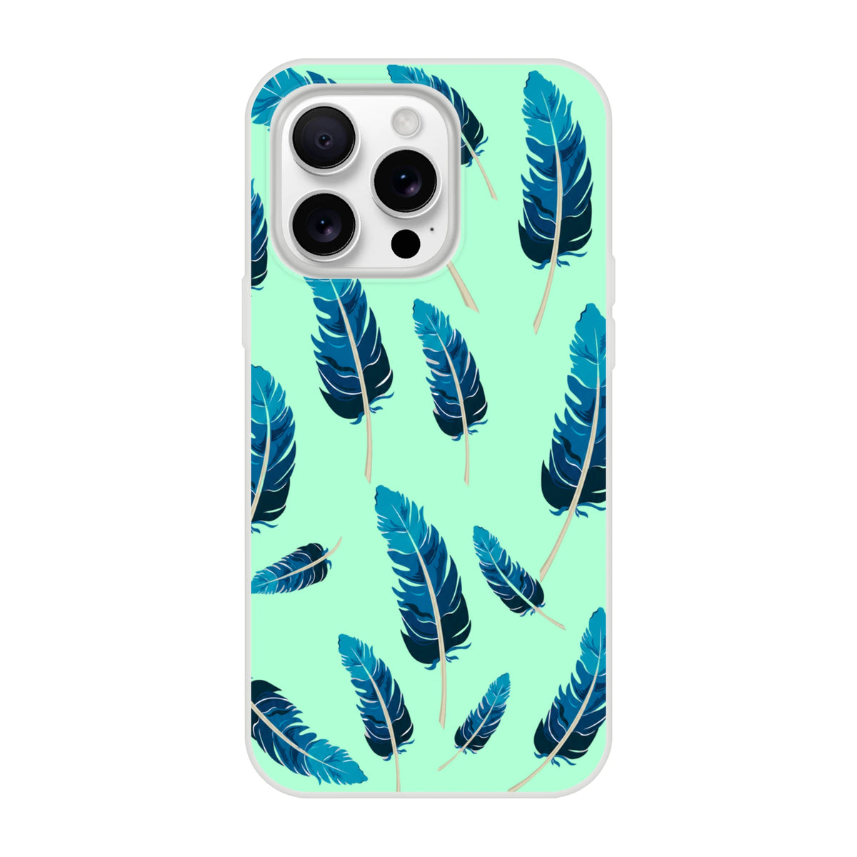 Mint-green iPhone case with blue feather motif, matte finish, lightweight low-profile shell for iPhone 13-16.