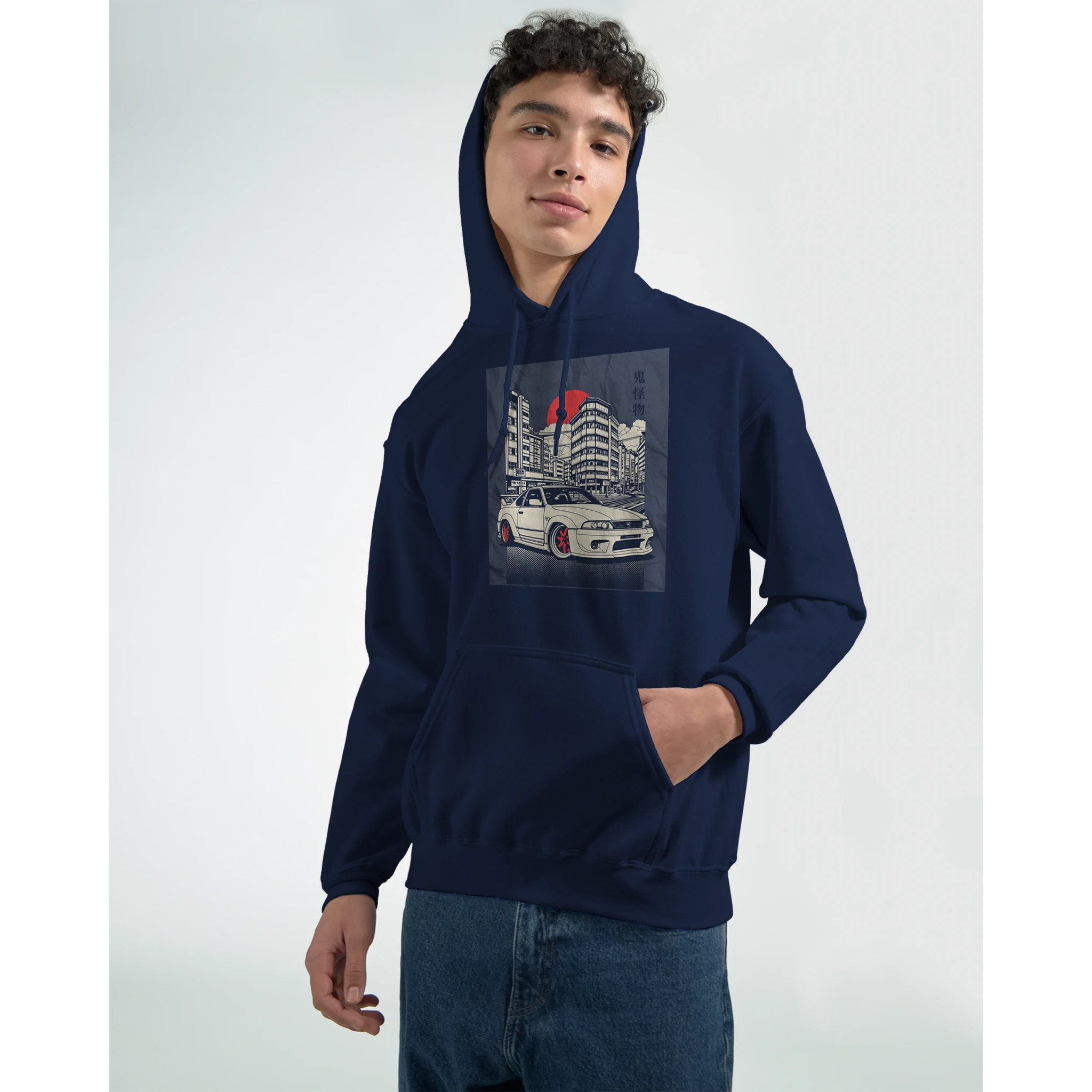 Navy Car Jumper JDM Hoodie, 50/50 cotton-poly, air-jet yarn, double-lined hood, front pouch pocket, car graphic.