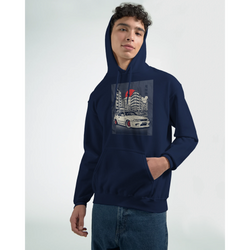 Navy Car Jumper JDM Hoodie, 50/50 cotton-poly, air-jet yarn, double-lined hood, front pouch pocket, car graphic.