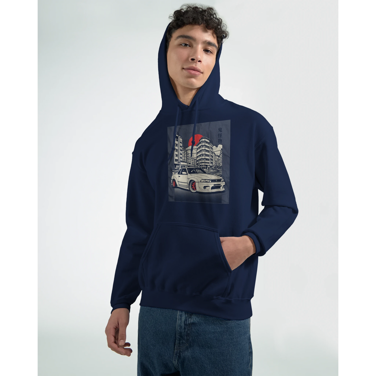 Navy Car Jumper JDM Hoodie, 50/50 cotton-poly, air-jet yarn, double-lined hood, front pouch pocket, car graphic.