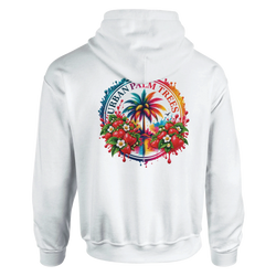 White hoodie back featuring colorful tropical retro print with palm tree, strawberries, and Urban Palm Trees text.