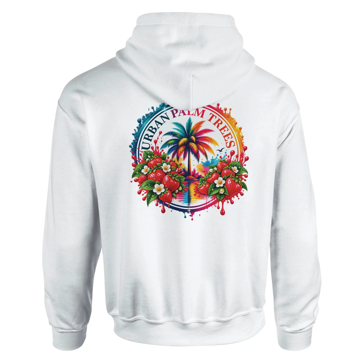 White hoodie back featuring colorful tropical retro print with palm tree, strawberries, and Urban Palm Trees text.