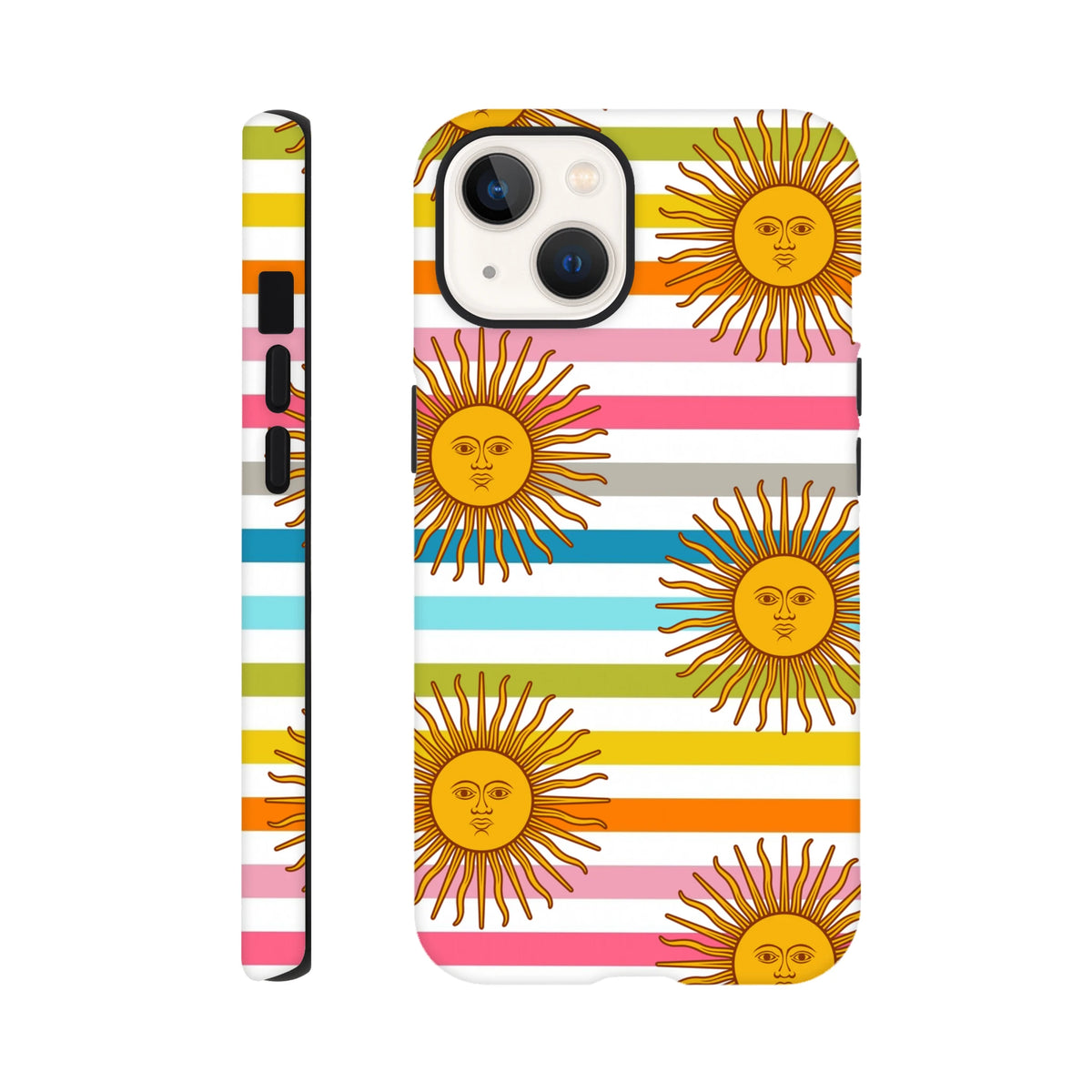 Retro sun stripe iPhone case featuring celestial sun faces with colorful horizontal stripes and tough daily protection design.