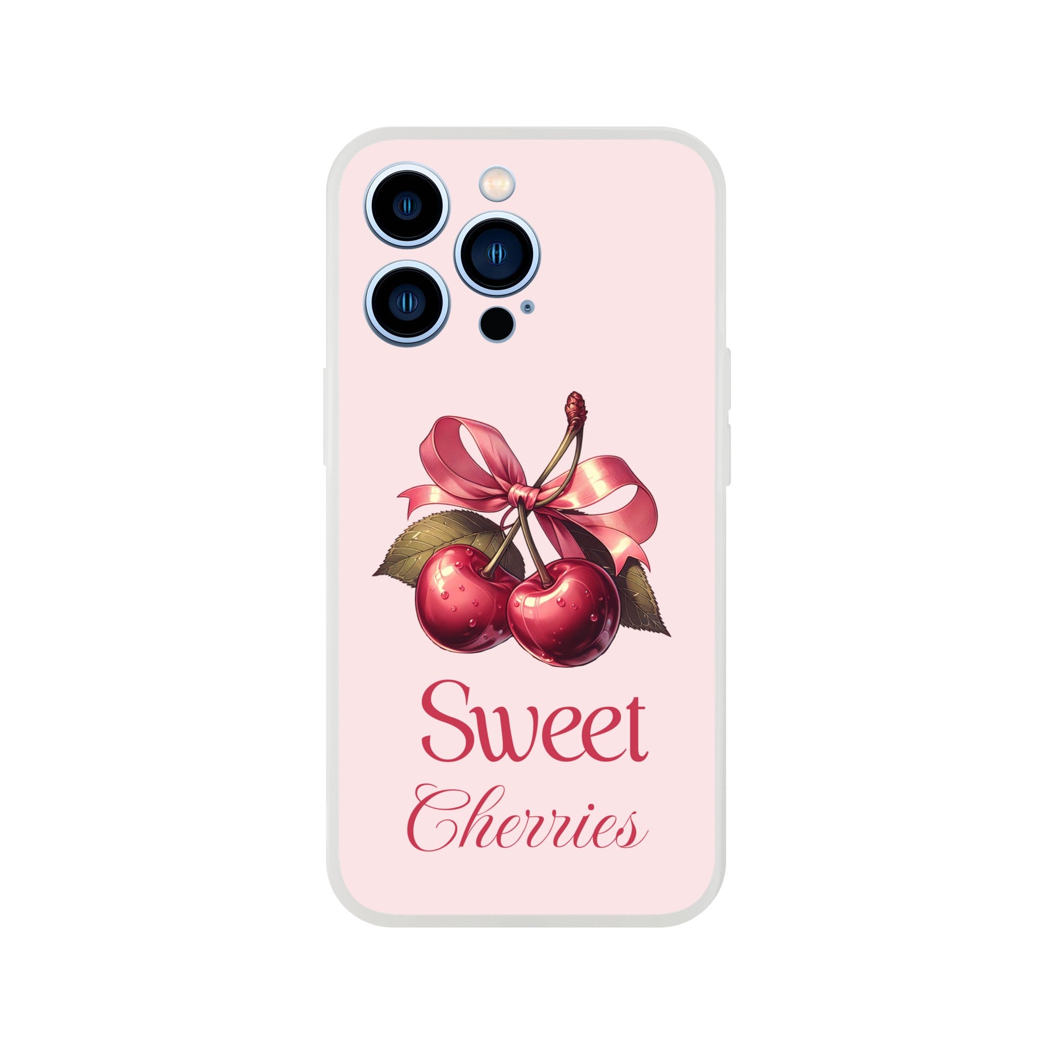 Pink iPhone case featuring cherries with a pink bow and Sweet Cherries text on a slim protective cover.