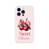Pink iPhone case featuring cherries with a pink bow and Sweet Cherries text on a slim protective cover.