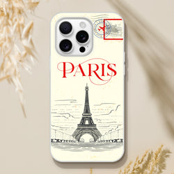 Vintage postcard Paris iPhone case featuring Eiffel Tower, red PARIS text and stamp motif.
