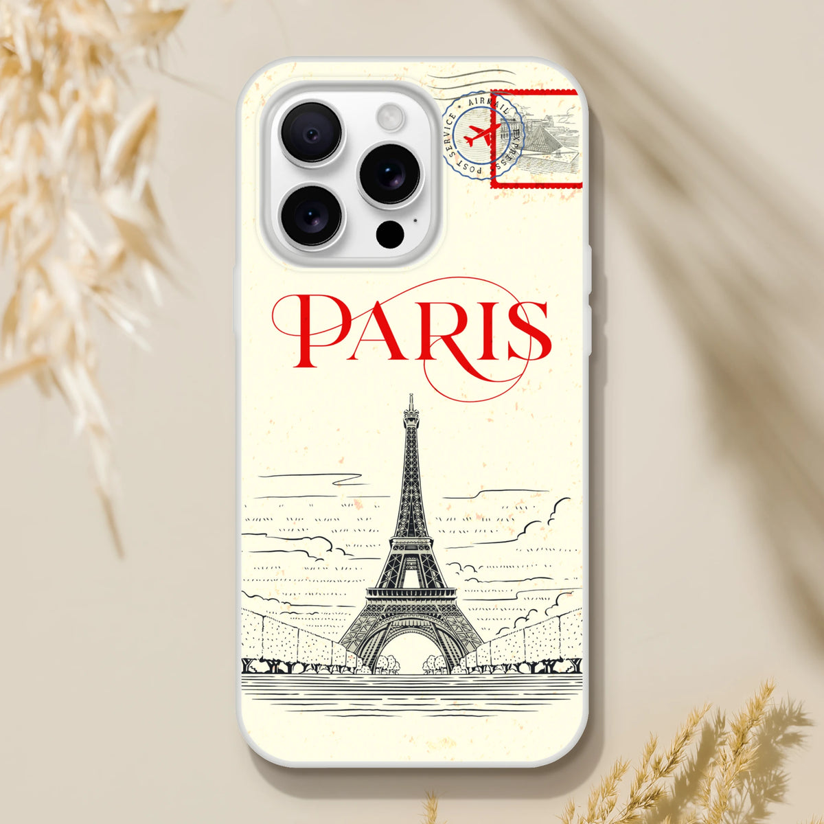 Vintage postcard Paris iPhone case featuring Eiffel Tower, red PARIS text and stamp motif.