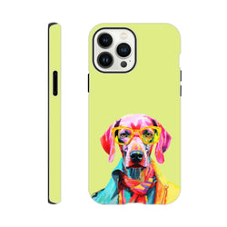 Vibrant pop art dog wearing yellow glasses and a scarf on a lime green tough iPhone case.