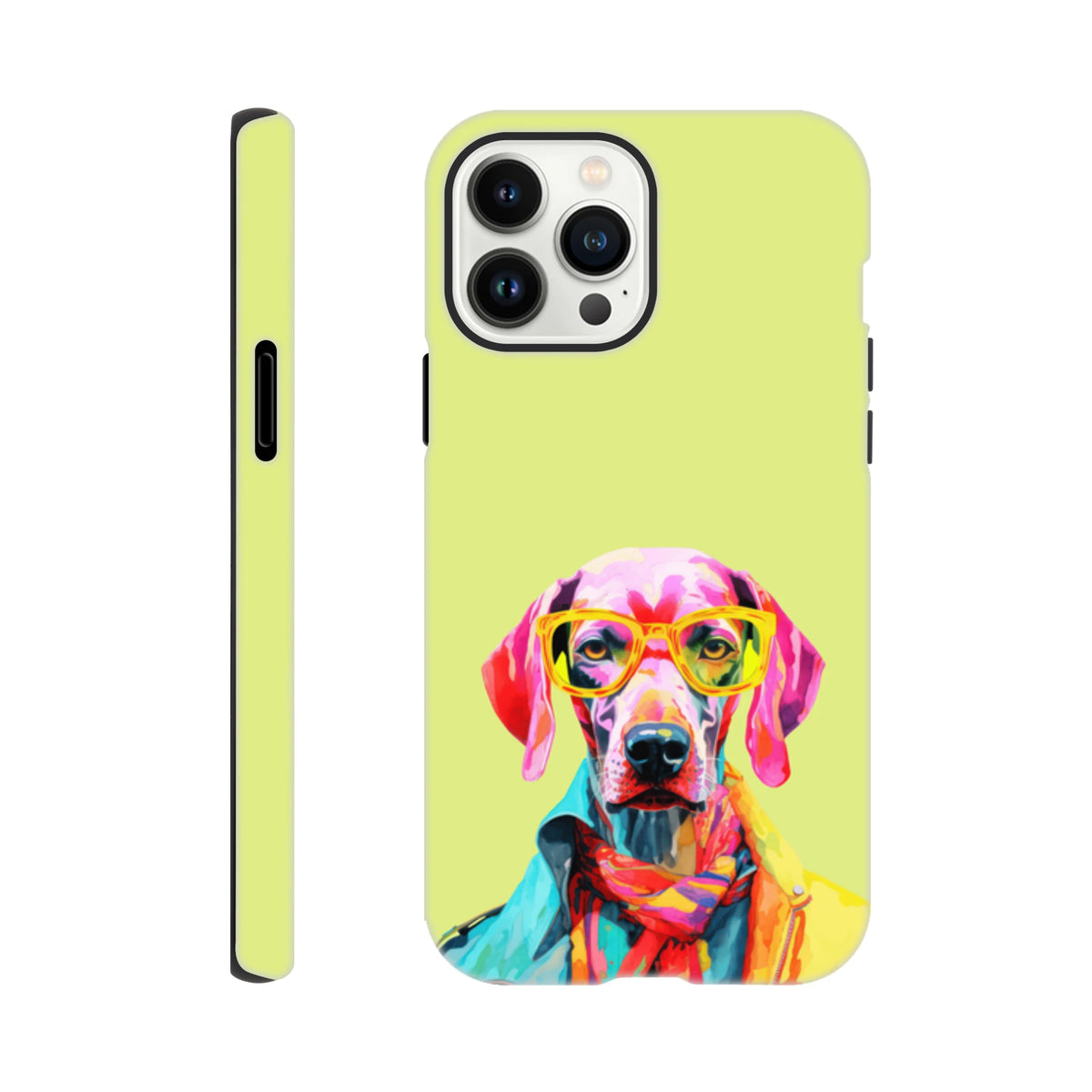 Vibrant pop art dog wearing yellow glasses and a scarf on a lime green tough iPhone case.