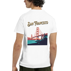 San Francisco Graphic T-Shirt with Golden Gate Bridge illustration on a white tee.