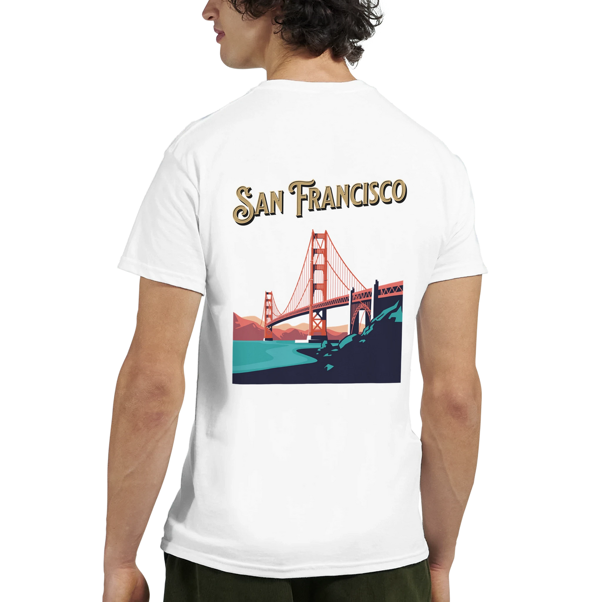 San Francisco Graphic T-Shirt with Golden Gate Bridge illustration on a white tee.