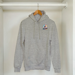 Grey men's streetwear hoodie with colorful palm tree and Full Send graphic, featuring a double-lined hood and matching drawstring.
