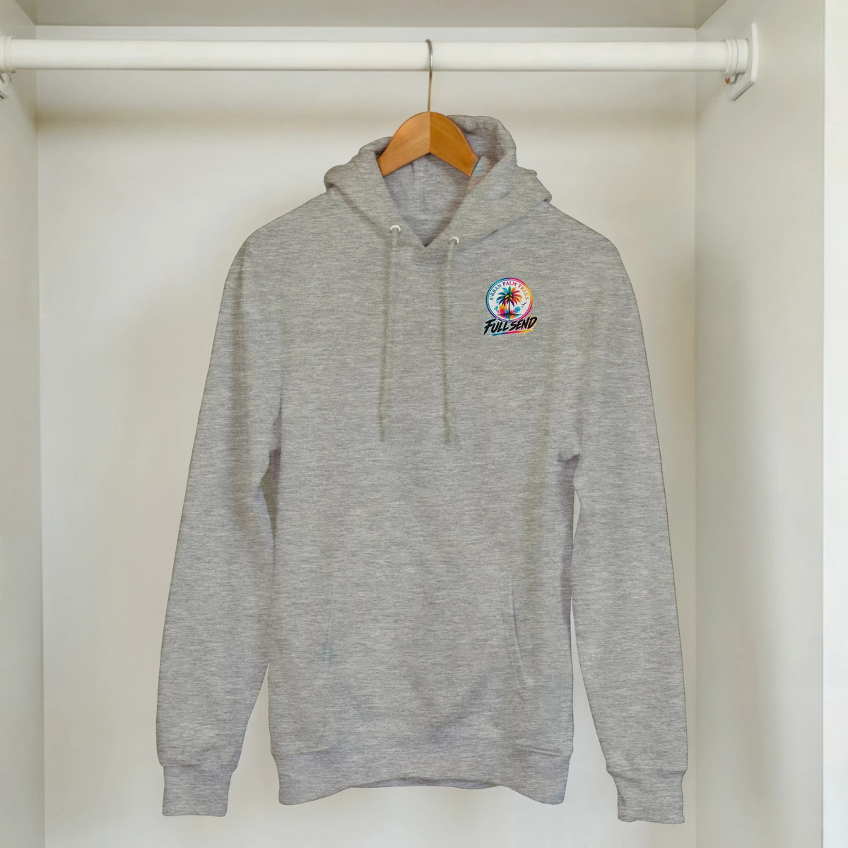 Grey men's streetwear hoodie with colorful palm tree and Full Send graphic, featuring a double-lined hood and matching drawstring.