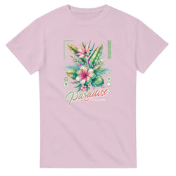 Pink Paradise women's graphic T-shirt with tropical floral bouquet and Paradise lettering.