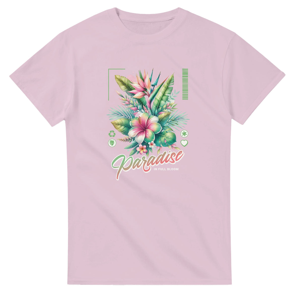 Pink Paradise women's graphic T-shirt with tropical floral bouquet and Paradise lettering.