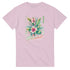 Pink Paradise women's graphic T-shirt with tropical floral bouquet and Paradise lettering.