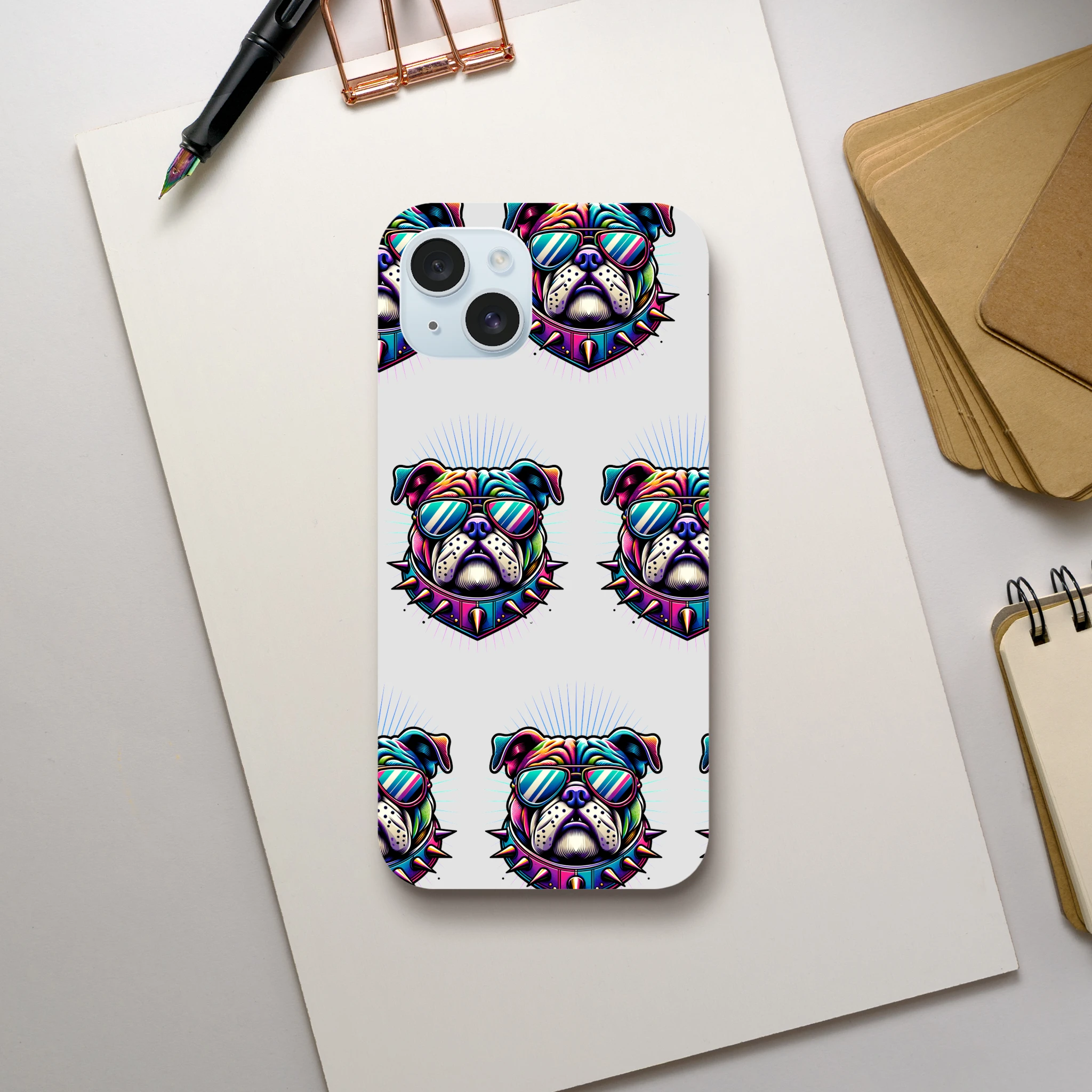 Colorful bulldog pattern on a tough iPhone case with sunglasses and a spiked collar; wraparound print for iPhone 13–16.