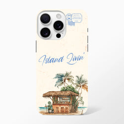 Island Bar Tough iPhone Case featuring watercolor tiki hut, palm trees, and Island Livin' text for summer beach vibes.