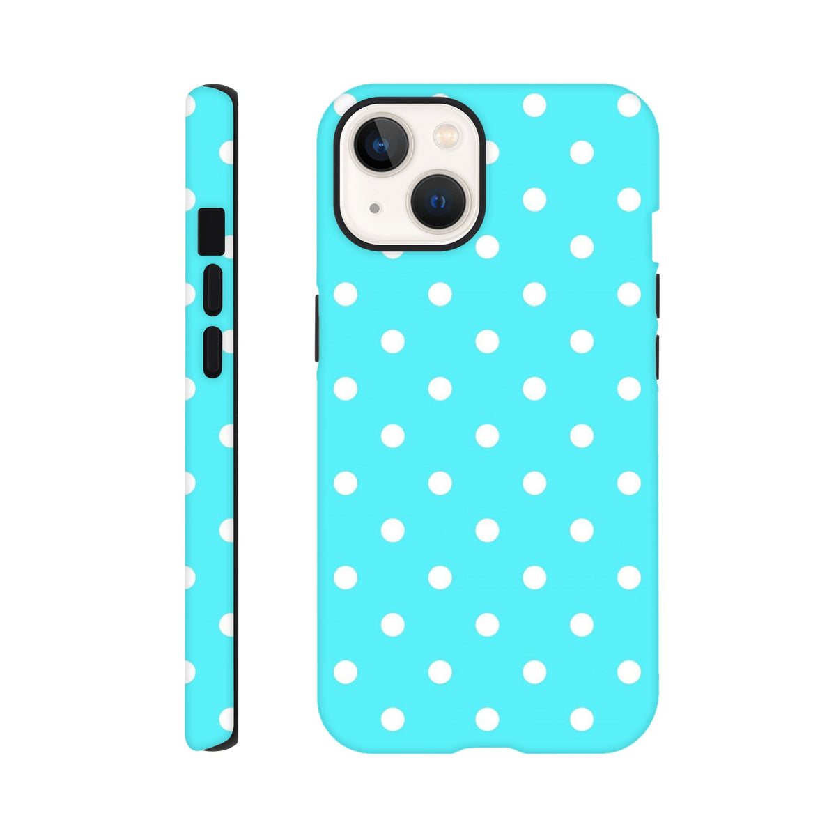 Turquoise & white polka dot tough iPhone case with retro style, glossy finish, and shock-absorbing TPU protection for iPhone 13-16.