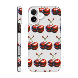 Cherries patterned tough protective phone case with dual-layer wraparound design for iPhone 16/15/14/13, glossy finish.