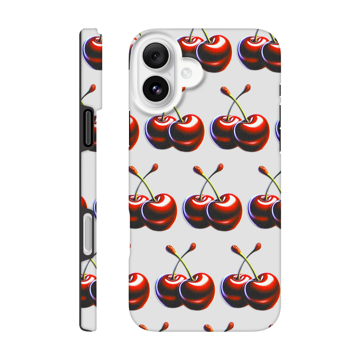 Cherries patterned tough protective phone case with dual-layer wraparound design for iPhone 16/15/14/13, glossy finish.