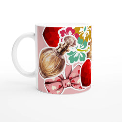 Retro perfume and floral ceramic mug with Coquette Bow Design and vibrant bouquet pattern.