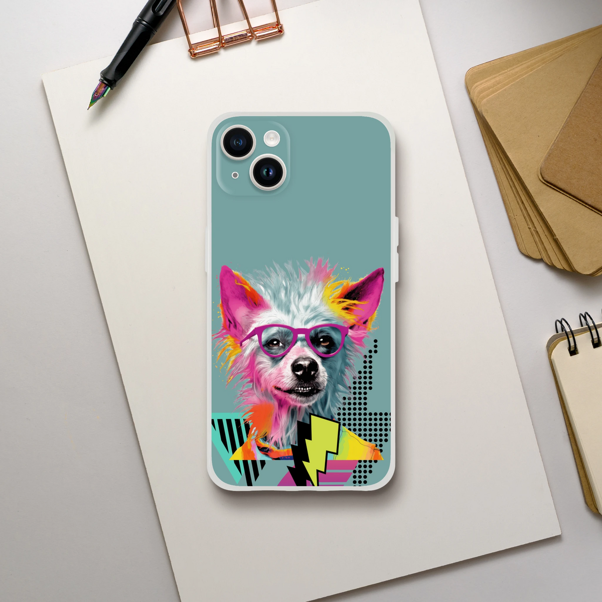Funny Dog iPhone Case (13-16) Retro Dog Aesthetic: teal case with colorful dog illustration wearing pink glasses.